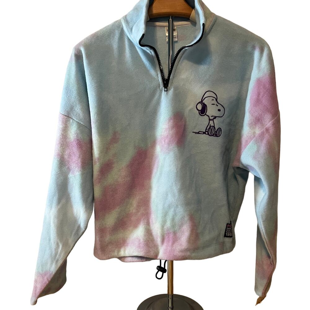 Peanuts Snoopy Juniors' Blue Tie-Dye Quarter Zip Fleece Sweatshirt - Large - NWT